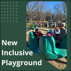 New Inclusive Playground. Children and adult playing on accessible playground equipment
										